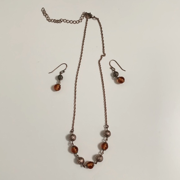 Necklace/earrings set with orange/brown beads. Rose gold filled chain/hardware - Picture 1 of 7